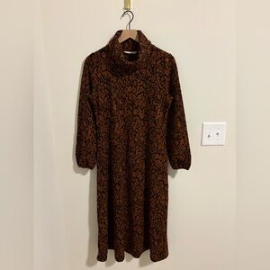 Soft Surroundings Floral Brown Black Metallic Turtleneck Sweater Dress Sz Medium